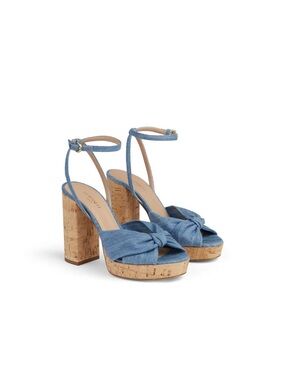 LK Bennett London Amanda Blue Denim Cork Platform Sandals with Ankle Strap 7 NWT